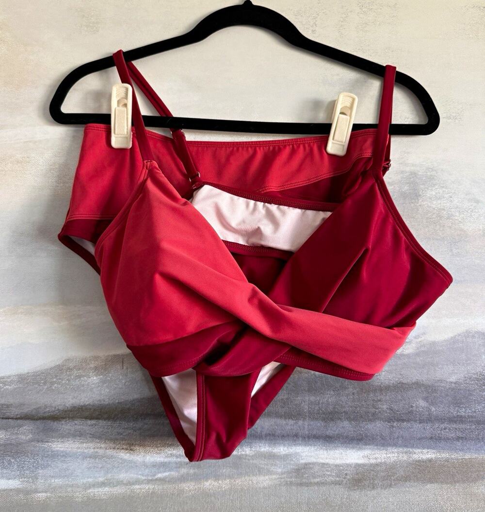 Women’s Red Solid Lined 2-Piece Bikini Set Spaghetti Strap Top High-Waist